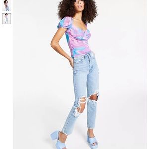 Bar lll Printed Puff-Sleeve Bustier Top